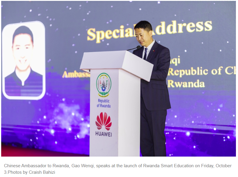 Chinese Ambassador to Rwanda, Gao Wenqi, speaks at the launch of Rwanda Smart Education on Friday, October 3.Photos by Craish Bahizi