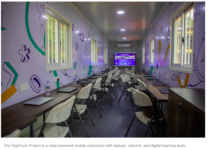 The DigiTruck Project is a solar-powered mobile classroom with laptops, internet, and digital learning tools.